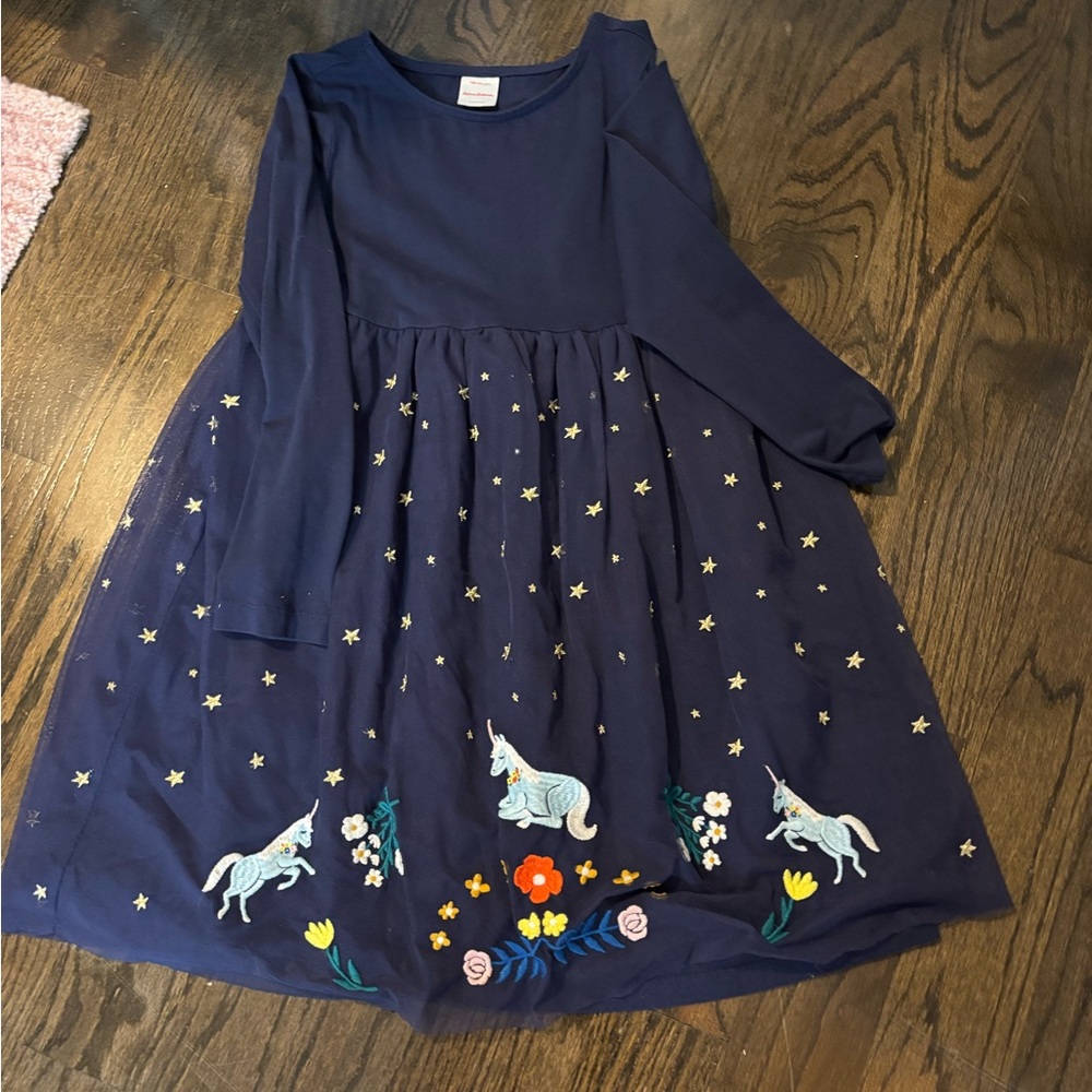 Hanna Andersson Navy Dress with Unicorn and Star Embroidery